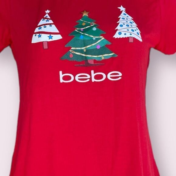 Women’s Red Christmas Tree Bebe T-shirt Size Small - Picture 2 of 4